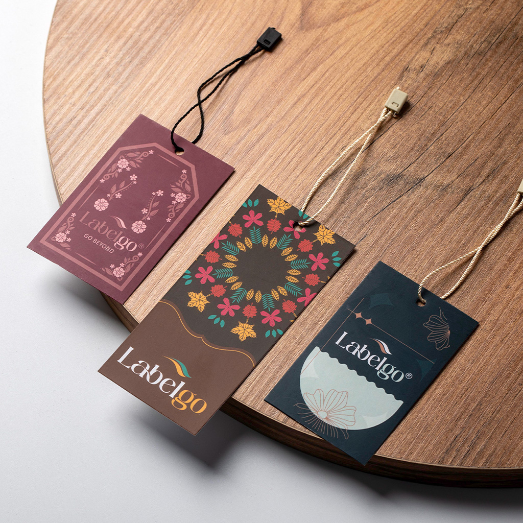 Kraft hang tags on wooden surface