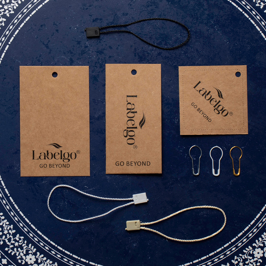 Kraft hang tags on blue background