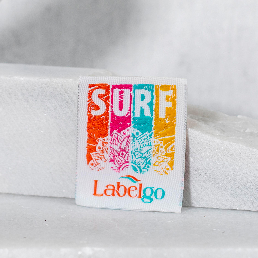 Surf themed woven label