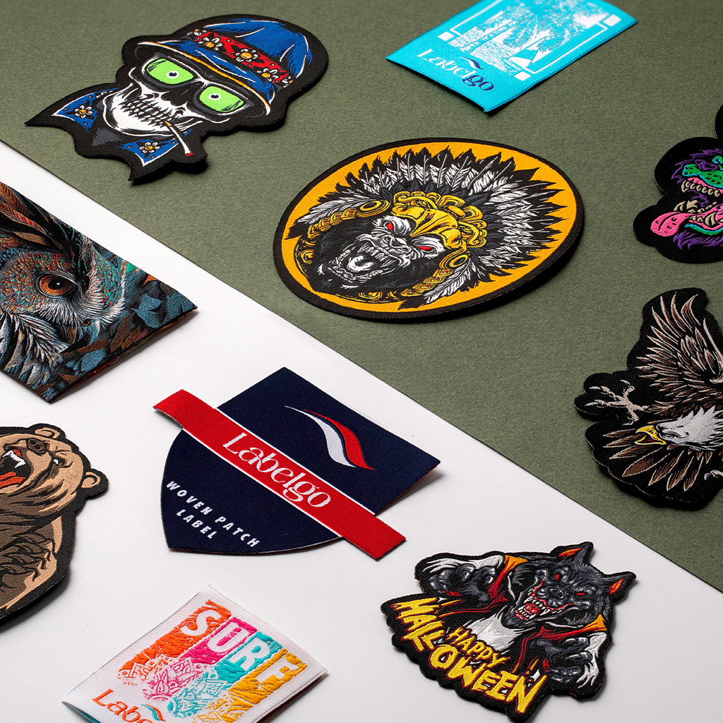 Embroidered patches on display table