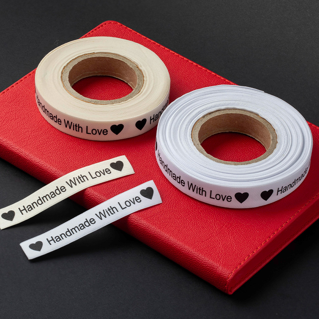 Printed labels on red background